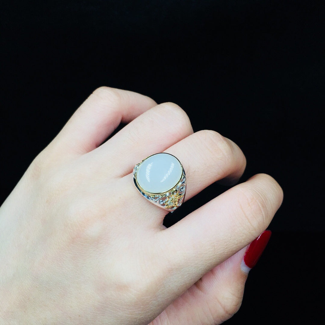 S925 Sterling Silver Nephrite Jade Elegant Simple Ring