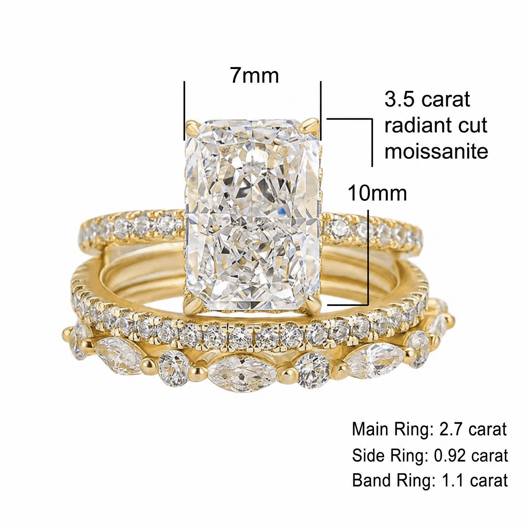 925 Sterling Silver Crushed Ice Cut Cubic Zirconia Ring Set | Radiant Cut 3-Piece Stackable Wedding Band for Women