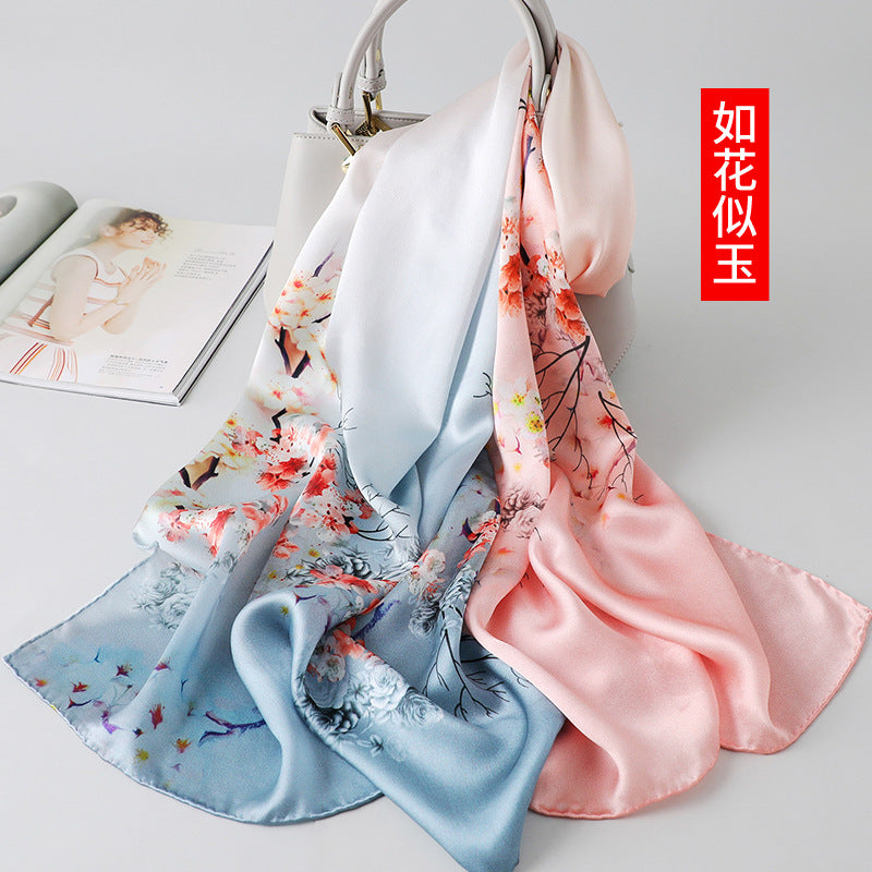 100% Mulberry Silk Scarf - Premium Floral Crepe Satin Long Wrap for Women
