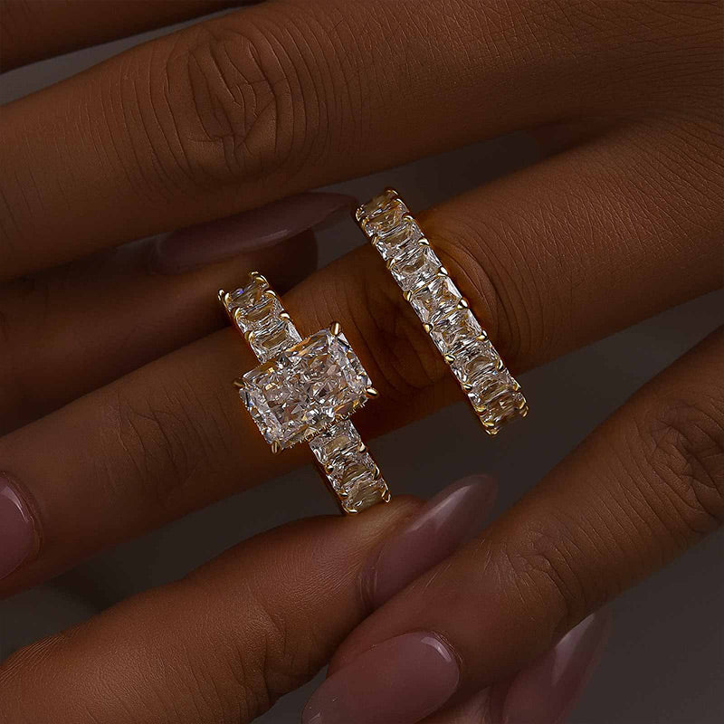 2PC Wedding Set Luxe 5.0Ct/3.5Ct Luxe Radiant Cut Engagement Ring With Radiant Cut Wedding Band