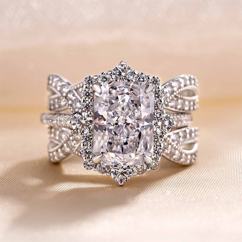 Vintage 3.5 Carat Halo Radiant Cut Insert Wedding Ring Set Travel Ring For Women In Sterling Silver