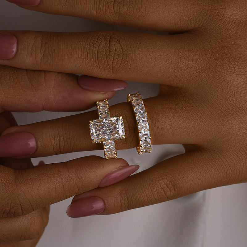 2PC Wedding Set Luxe 5.0Ct/3.5Ct Luxe Radiant Cut Engagement Ring With Radiant Cut Wedding Band