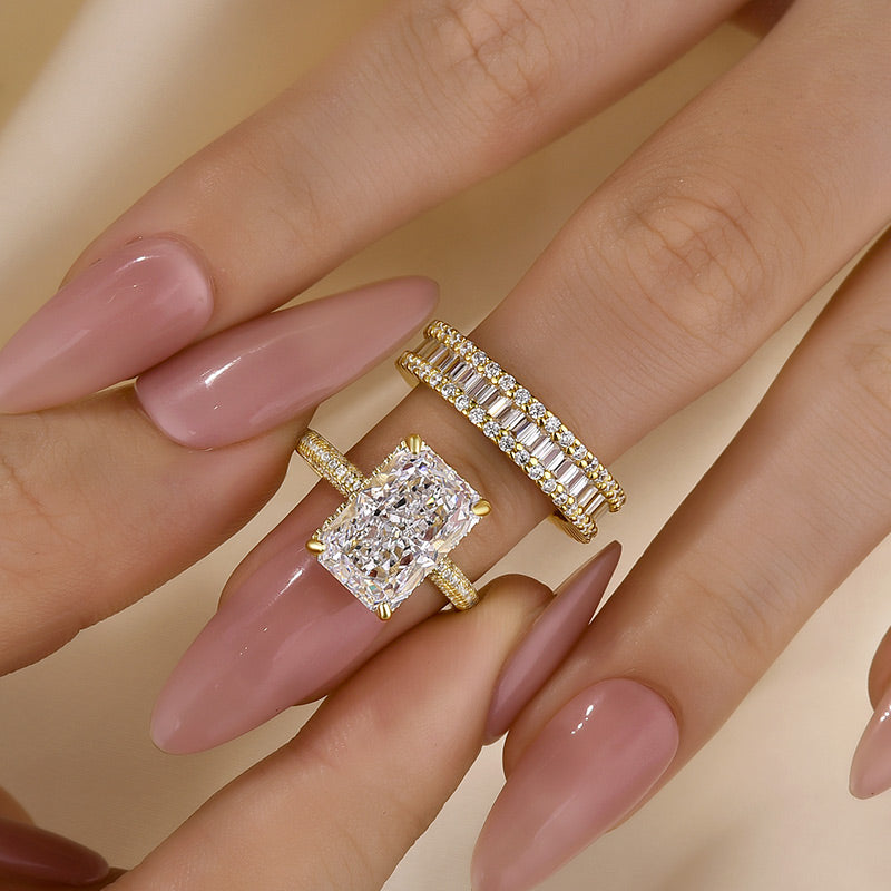 5ct Radiant Cut Wedding Ring Set — 925 Sterling Silver with Emerald Cut Band