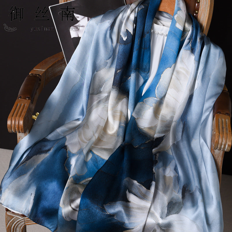 100% Mulberry Silk Scarf - Premium Floral Crepe Satin Long Wrap for Women