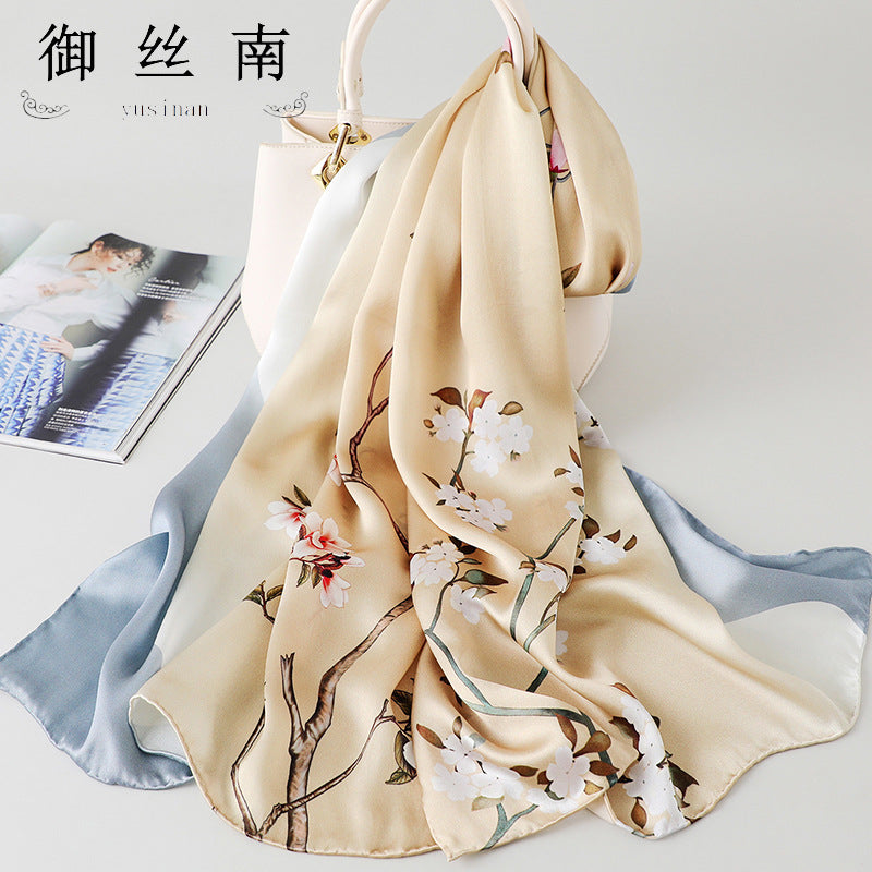 100% Mulberry Silk Scarf - Premium Floral Crepe Satin Long Wrap for Women