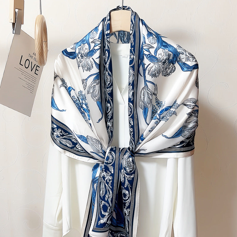 100% Mulberry Silk Scarf - Premium Floral Crepe Satin Long Wrap for Women
