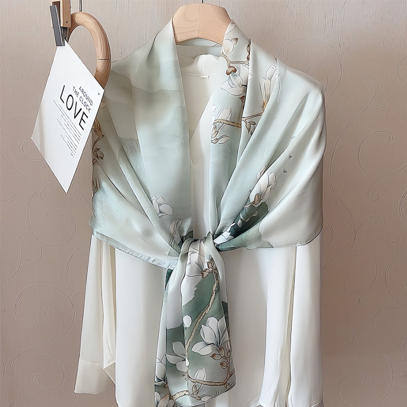 100% Mulberry Silk Scarf - Premium Floral Crepe Satin Long Wrap for Women