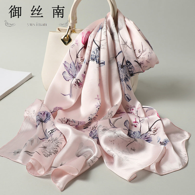 100% Mulberry Silk Scarf - Premium Floral Crepe Satin Long Wrap for Women