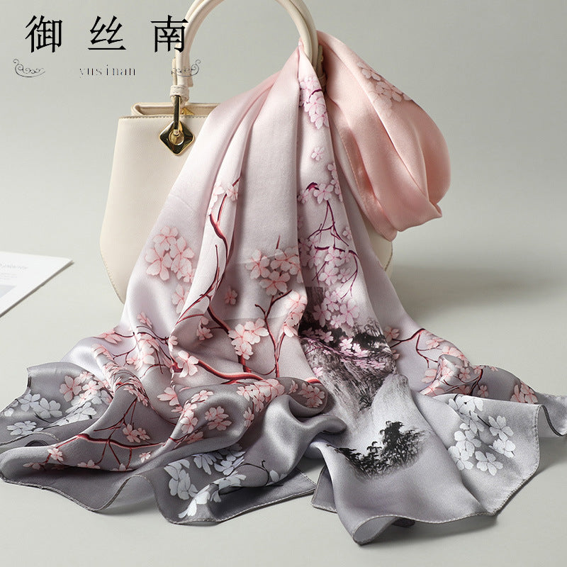 100% Mulberry Silk Scarf - Premium Floral Crepe Satin Long Wrap for Women