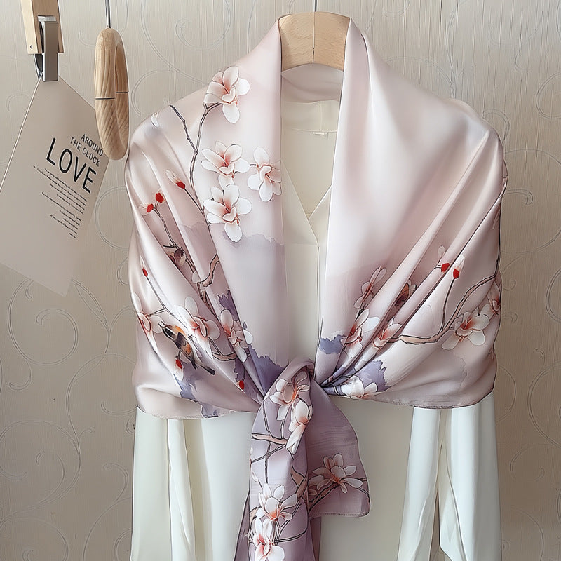 100% Mulberry Silk Scarf - Premium Floral Crepe Satin Long Wrap for Women