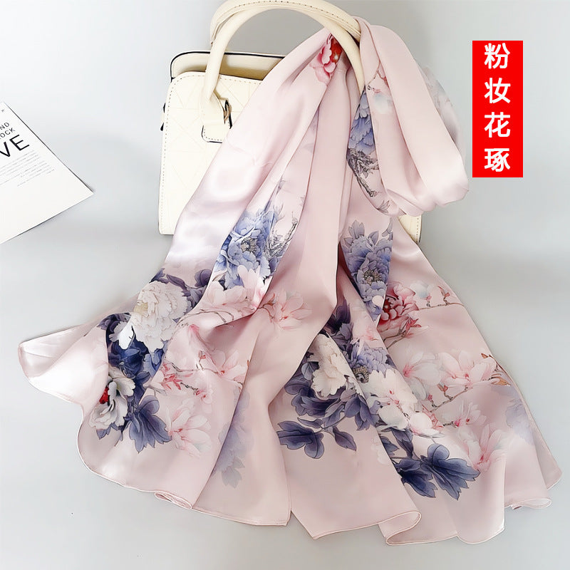 100% Mulberry Silk Scarf - Premium Floral Crepe Satin Long Wrap for Women