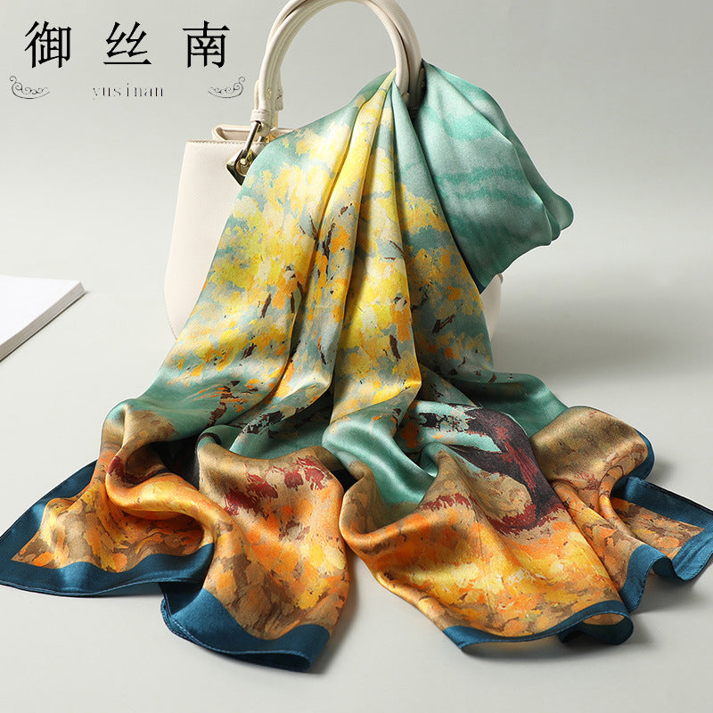 100% Mulberry Silk Scarf - Premium Floral Crepe Satin Long Wrap for Women