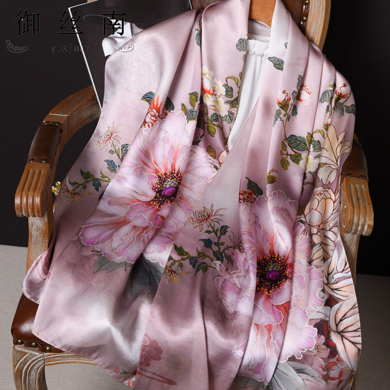 100% Mulberry Silk Scarf - Premium Floral Crepe Satin Long Wrap for Women