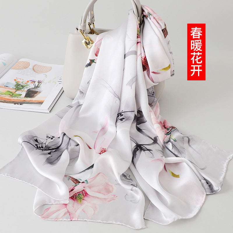 100% Mulberry Silk Scarf - Premium Floral Crepe Satin Long Wrap for Women