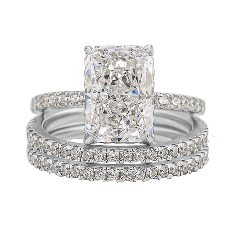 925 Sterling Silver Crushed Ice Cut Cubic Zirconia Ring Set | Radiant Cut 3-Piece Stackable Wedding Band for Women