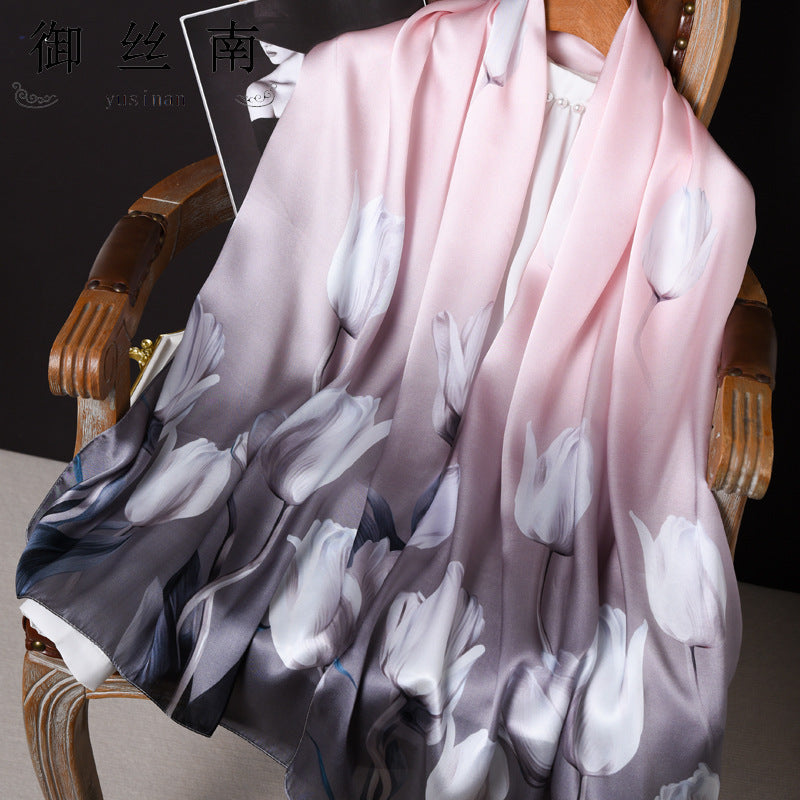 100% Mulberry Silk Scarf - Premium Floral Crepe Satin Long Wrap for Women