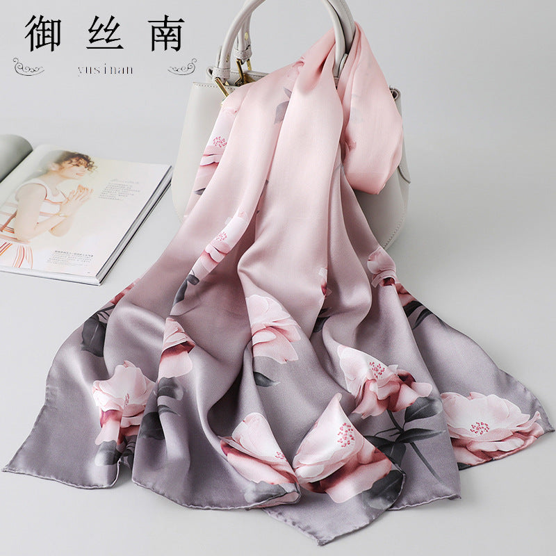 100% Mulberry Silk Scarf - Premium Floral Crepe Satin Long Wrap for Women