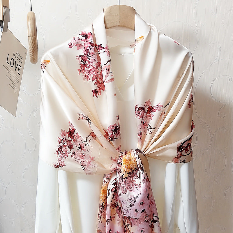 100% Mulberry Silk Scarf - Premium Floral Crepe Satin Long Wrap for Women