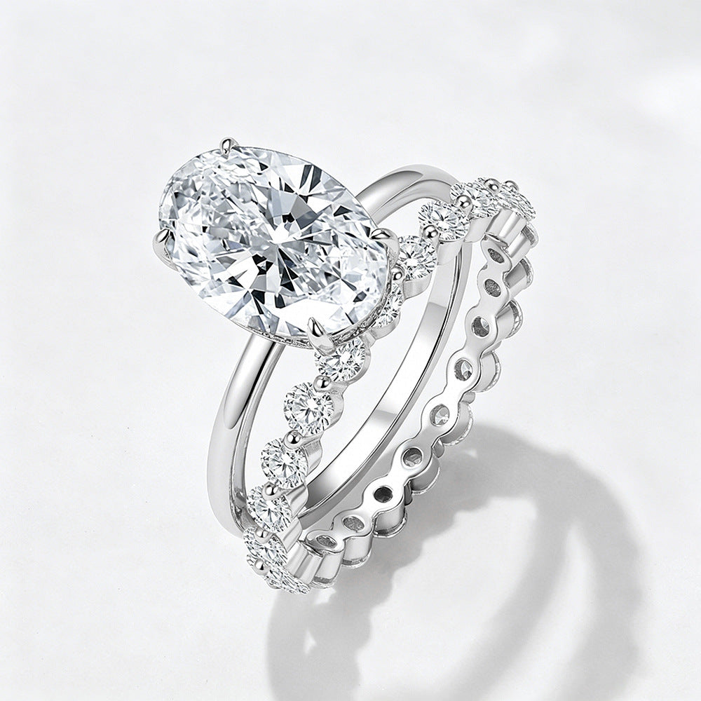 主推标题: S925 Sterling Silver Oval 4.5 Carat Crushed Ice Cut 5A Cubic Zirconia Ring Set