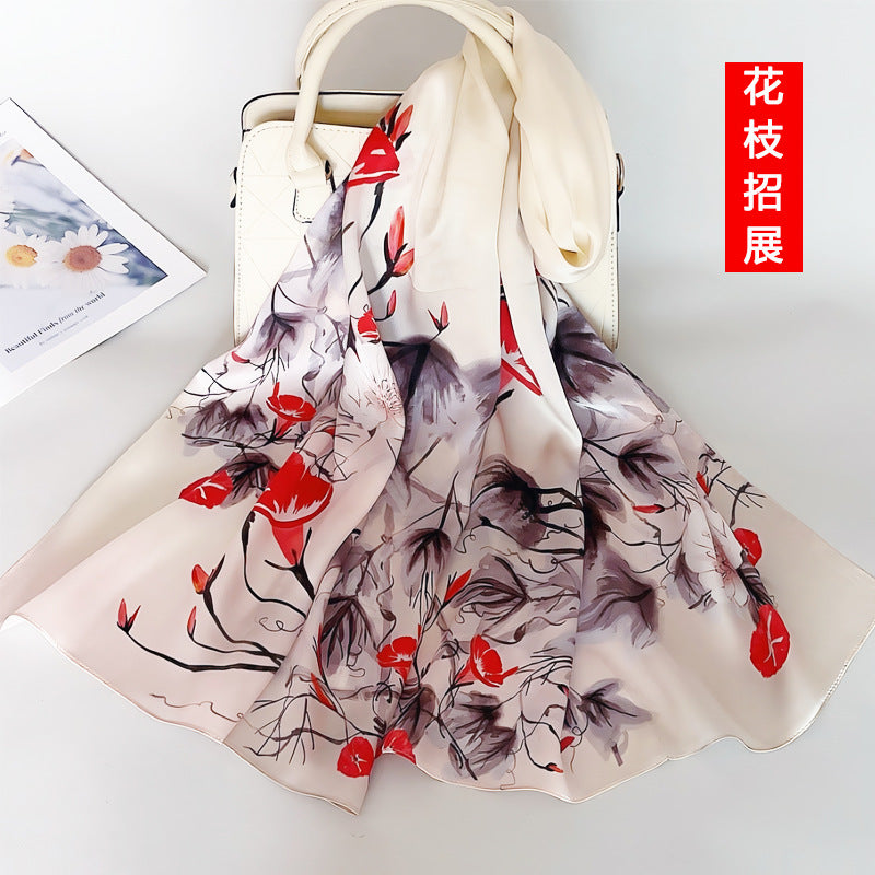 100% Mulberry Silk Scarf - Premium Floral Crepe Satin Long Wrap for Women