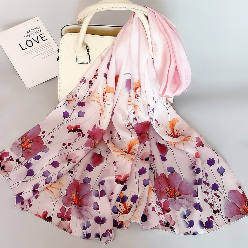 100% Mulberry Silk Scarf - Premium Floral Crepe Satin Long Wrap for Women