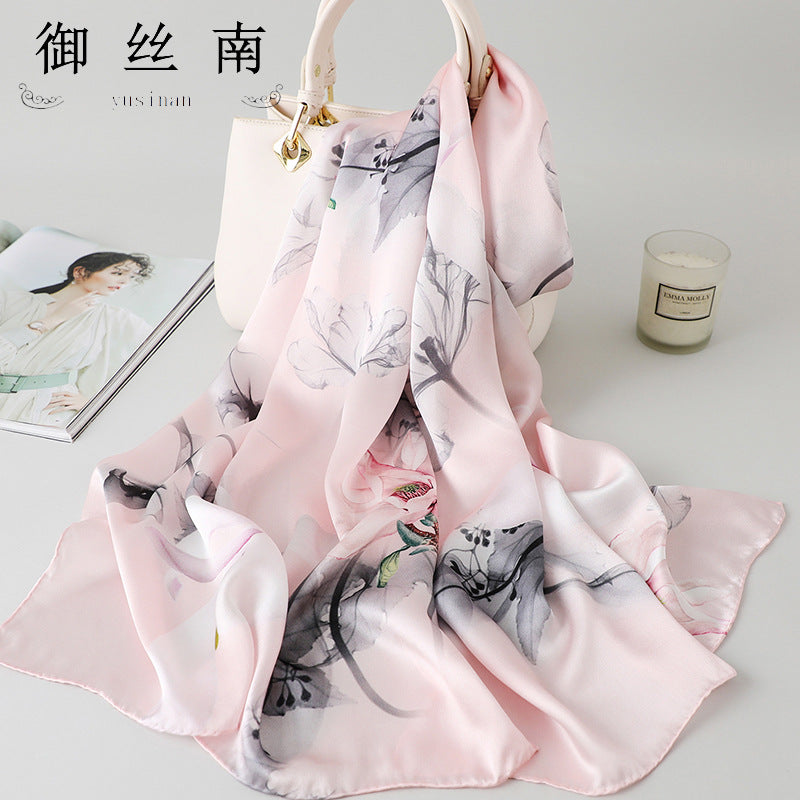 100% Mulberry Silk Scarf - Premium Floral Crepe Satin Long Wrap for Women