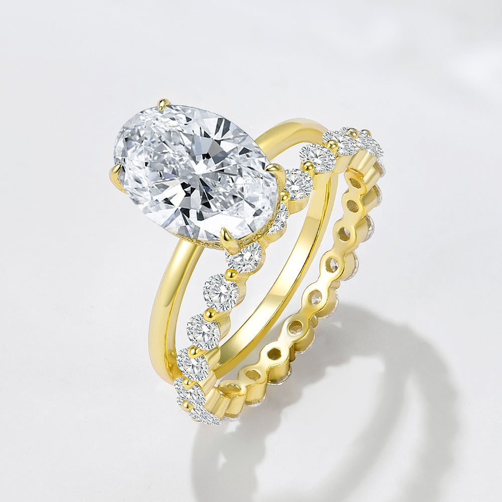 主推标题: S925 Sterling Silver Oval 4.5 Carat Crushed Ice Cut 5A Cubic Zirconia Ring Set
