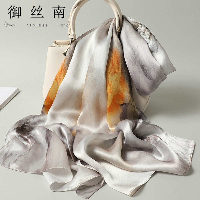 100% Mulberry Silk Scarf - Premium Floral Crepe Satin Long Wrap for Women