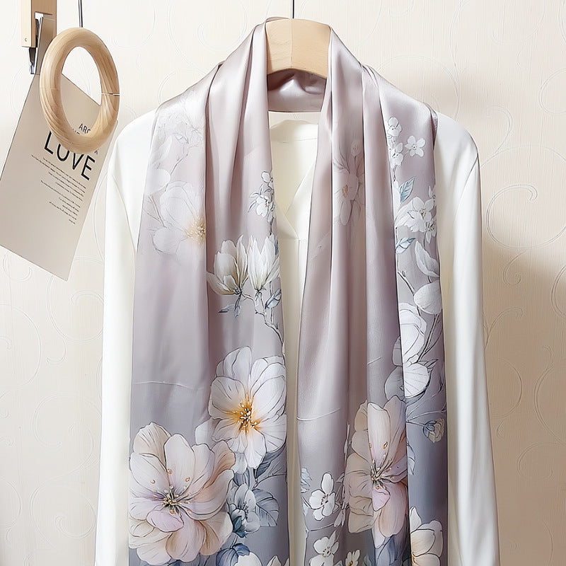 100% Mulberry Silk Scarf - Premium Floral Crepe Satin Long Wrap for Women