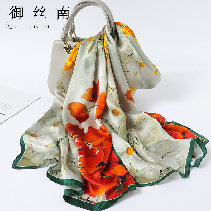 100% Mulberry Silk Scarf - Premium Floral Crepe Satin Long Wrap for Women