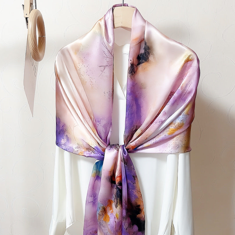 100% Mulberry Silk Scarf - Premium Floral Crepe Satin Long Wrap for Women