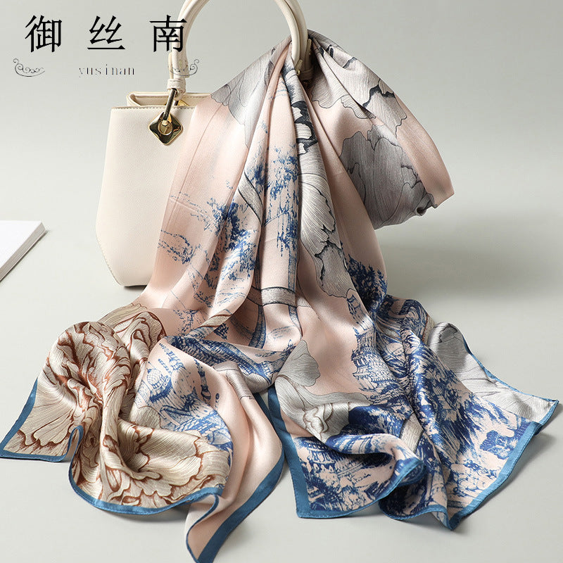 100% Mulberry Silk Scarf - Premium Floral Crepe Satin Long Wrap for Women