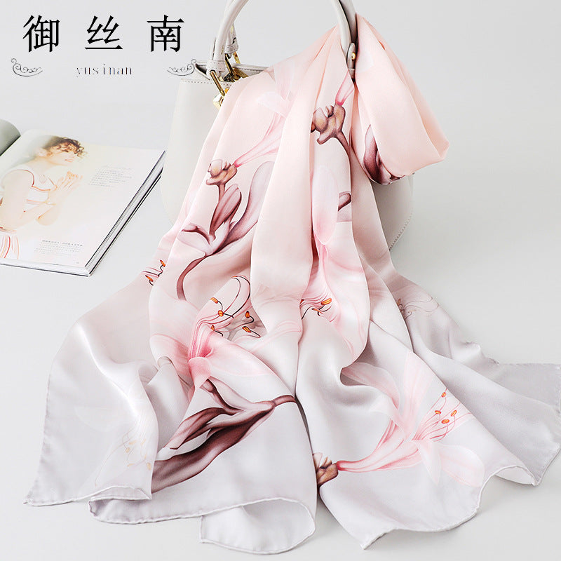 100% Mulberry Silk Scarf - Premium Floral Crepe Satin Long Wrap for Women
