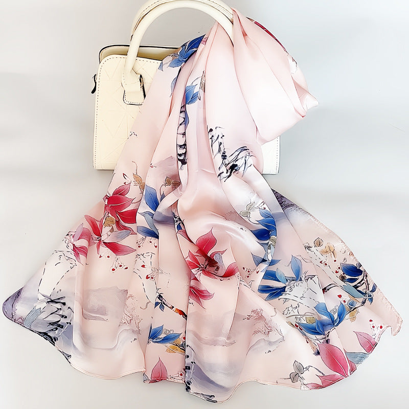 100% Mulberry Silk Scarf - Premium Floral Crepe Satin Long Wrap for Women