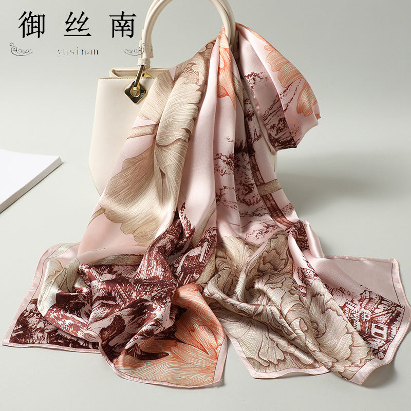 100% Mulberry Silk Scarf - Premium Floral Crepe Satin Long Wrap for Women