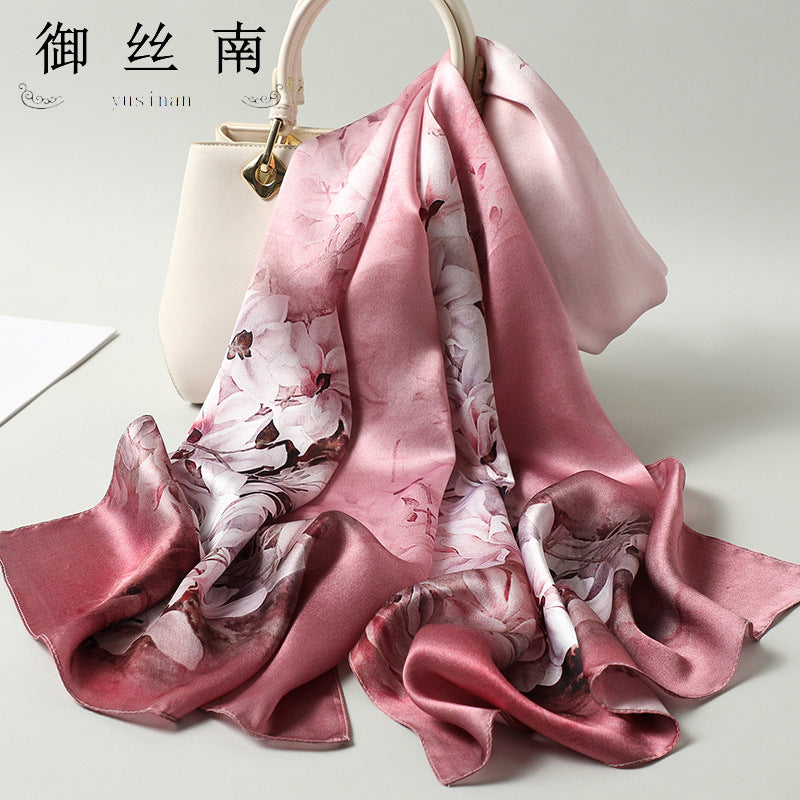 100% Mulberry Silk Scarf - Premium Floral Crepe Satin Long Wrap for Women