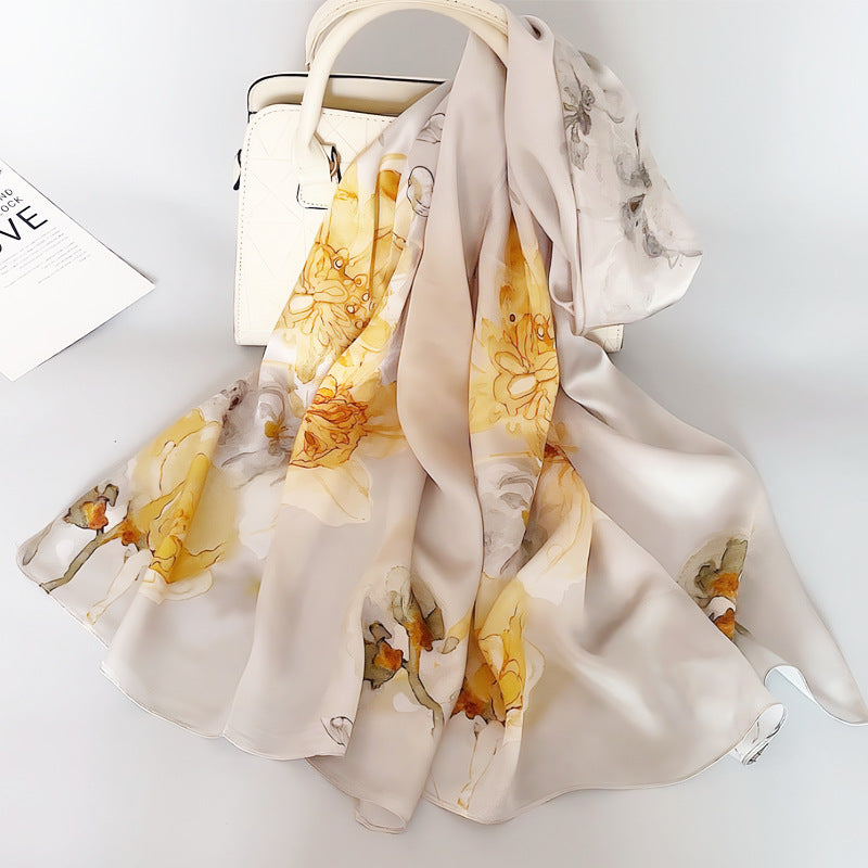 100% Mulberry Silk Scarf - Premium Floral Crepe Satin Long Wrap for Women