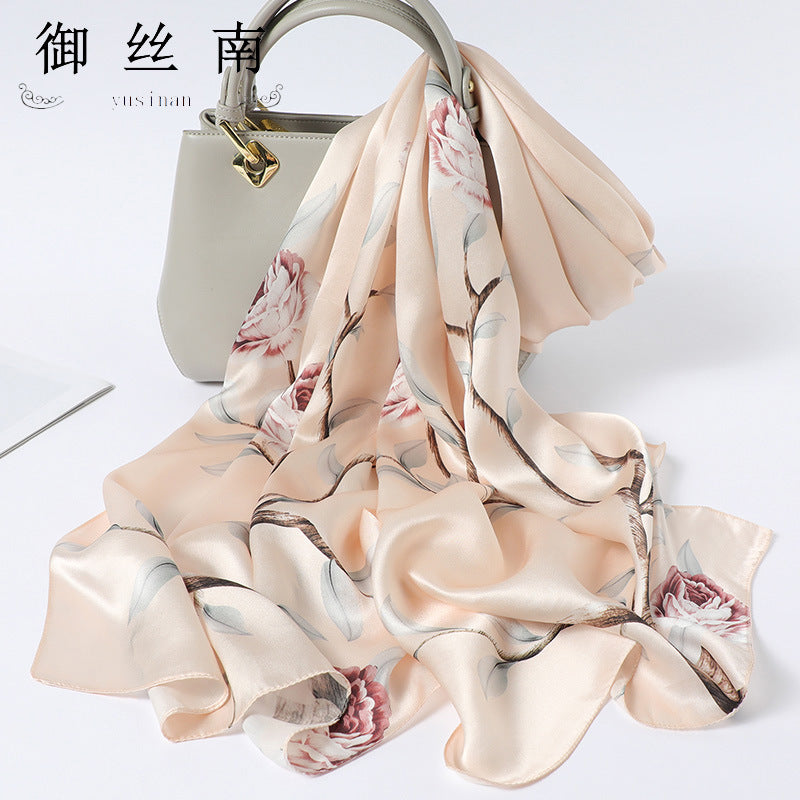 100% Mulberry Silk Scarf - Premium Floral Crepe Satin Long Wrap for Women