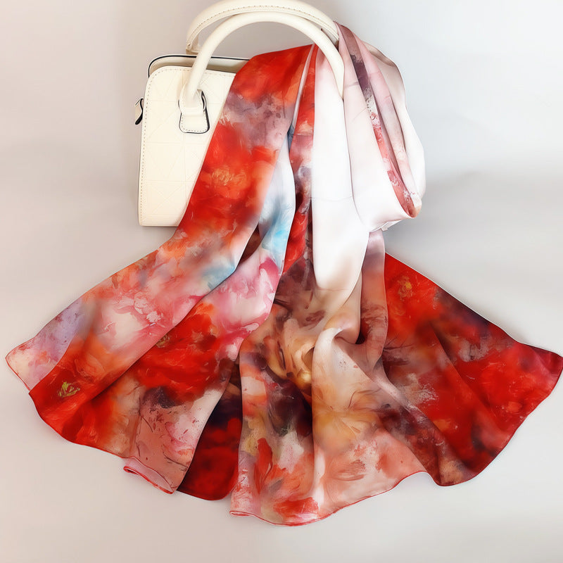 100% Mulberry Silk Scarf - Premium Floral Crepe Satin Long Wrap for Women