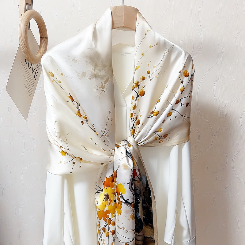 100% Mulberry Silk Scarf - Premium Floral Crepe Satin Long Wrap for Women