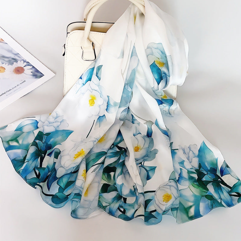 100% Mulberry Silk Scarf - Premium Floral Crepe Satin Long Wrap for Women