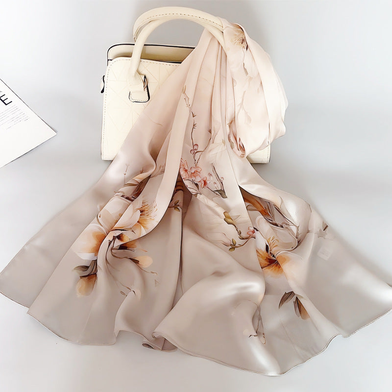 100% Mulberry Silk Scarf - Premium Floral Crepe Satin Long Wrap for Women