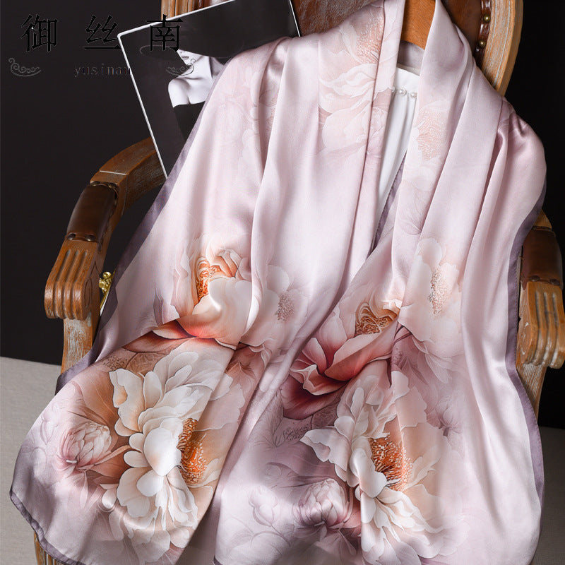 100% Mulberry Silk Scarf - Premium Floral Crepe Satin Long Wrap for Women