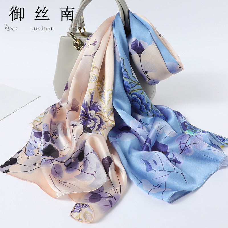 100% Mulberry Silk Scarf - Premium Floral Crepe Satin Long Wrap for Women