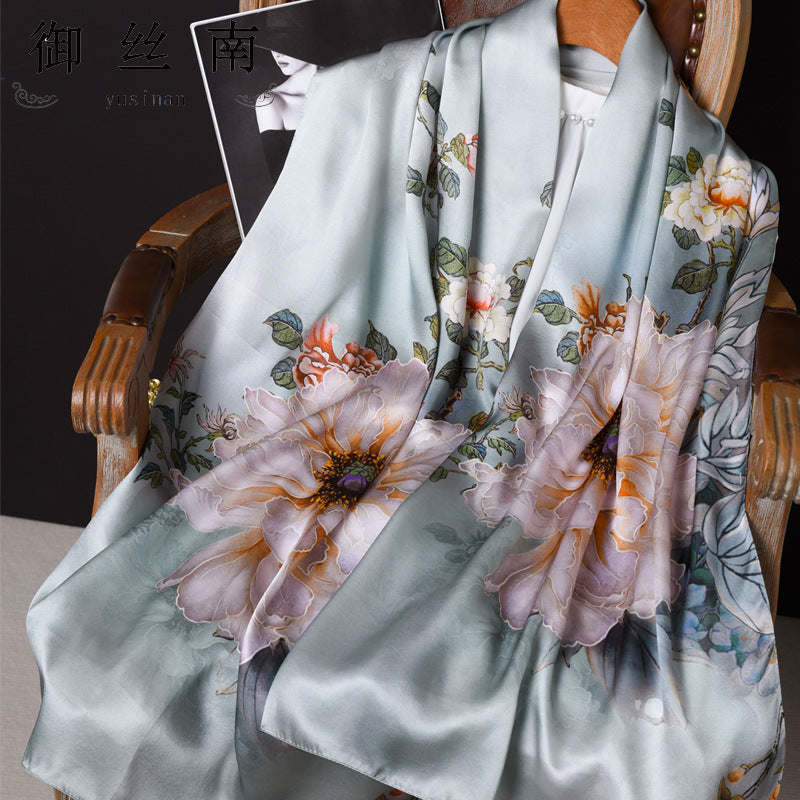100% Mulberry Silk Scarf - Premium Floral Crepe Satin Long Wrap for Women