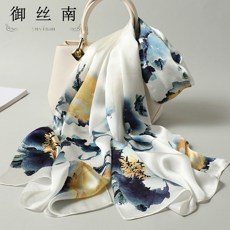 100% Mulberry Silk Scarf - Premium Floral Crepe Satin Long Wrap for Women