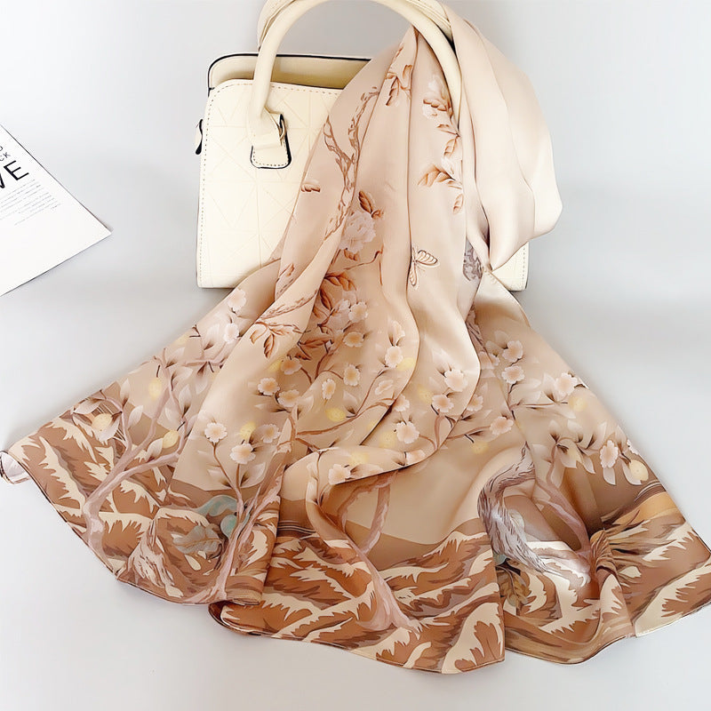 100% Mulberry Silk Scarf - Premium Floral Crepe Satin Long Wrap for Women
