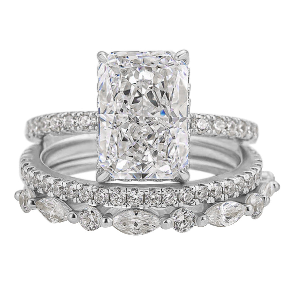 925 Sterling Silver Crushed Ice Cut Cubic Zirconia Ring Set | Radiant Cut 3-Piece Stackable Wedding Band for Women