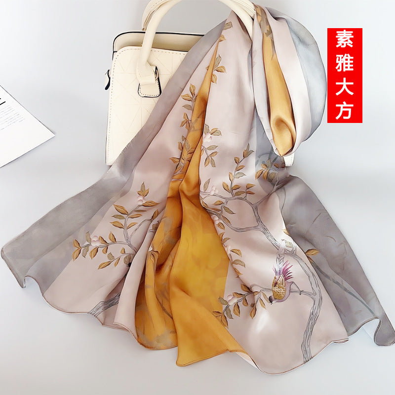 100% Mulberry Silk Scarf - Premium Floral Crepe Satin Long Wrap for Women