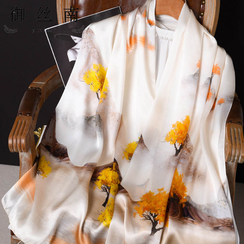 100% Mulberry Silk Scarf - Premium Floral Crepe Satin Long Wrap for Women